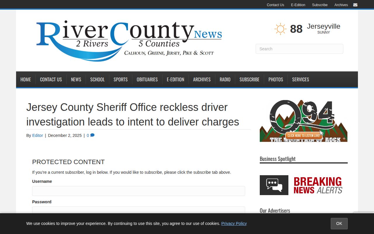 River County News event-based Jersey County Sheriff arrest report